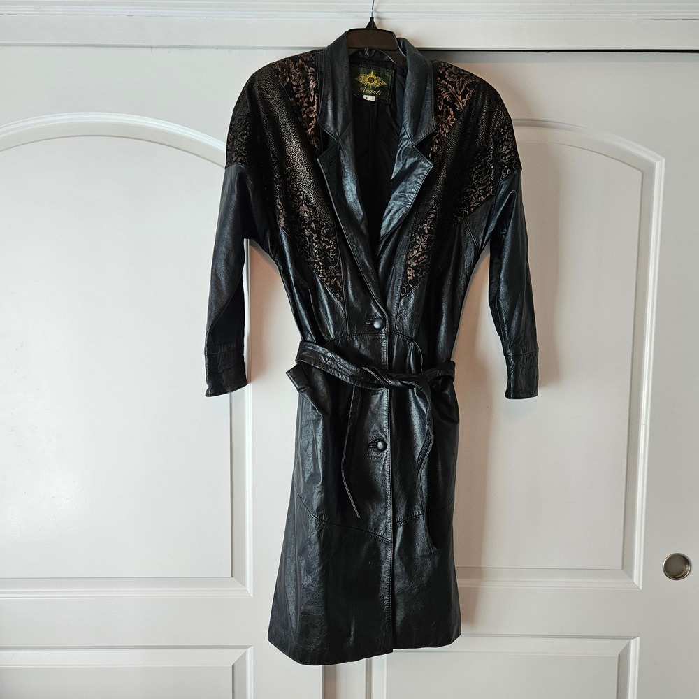Vtg Avanti Black Leather Trench Coat Small Floral Patchwork Belted Whimsigoth